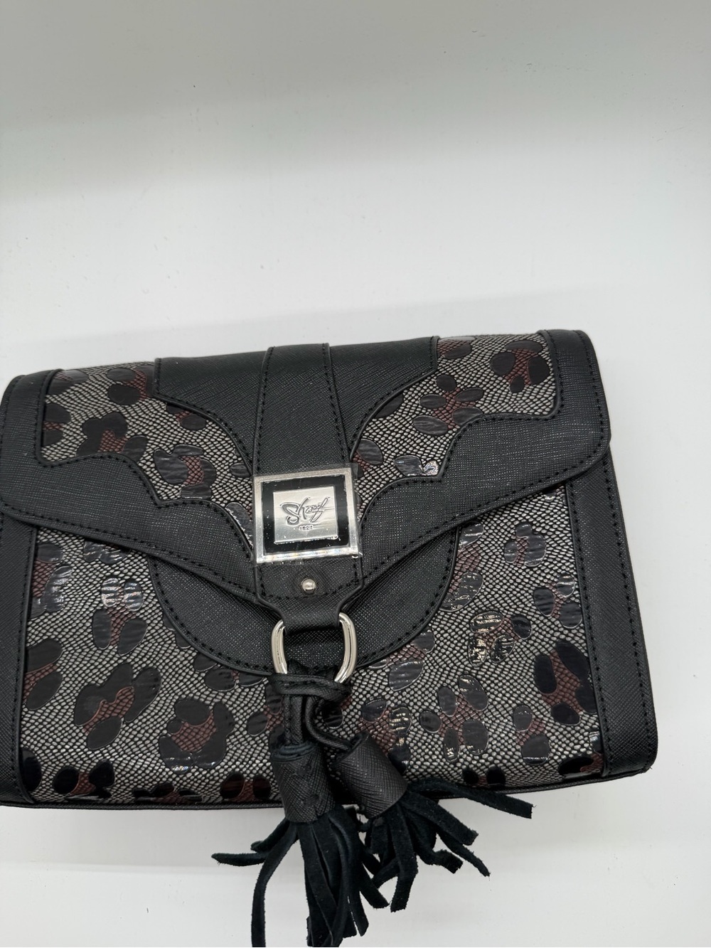 Sharif Black Leopard-Print Tassel Clutch